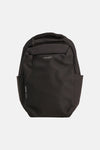 Black nylon backpack by Jack & Jones with front zip pocket and side mesh compartments, front view