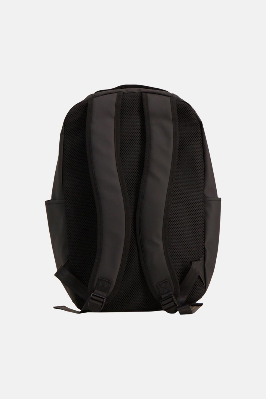 Black backpack with mesh back panel and padded shoulder straps, back view