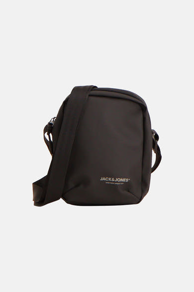 Black crossbody bag by Jack & Jones with minimalist design and adjustable strap, front view.