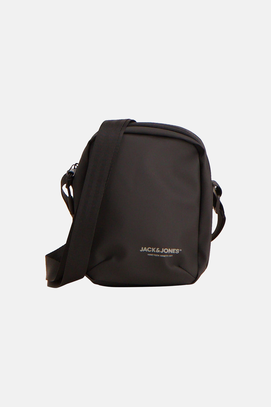 Black crossbody bag by Jack & Jones with minimalist design and adjustable strap, front view.