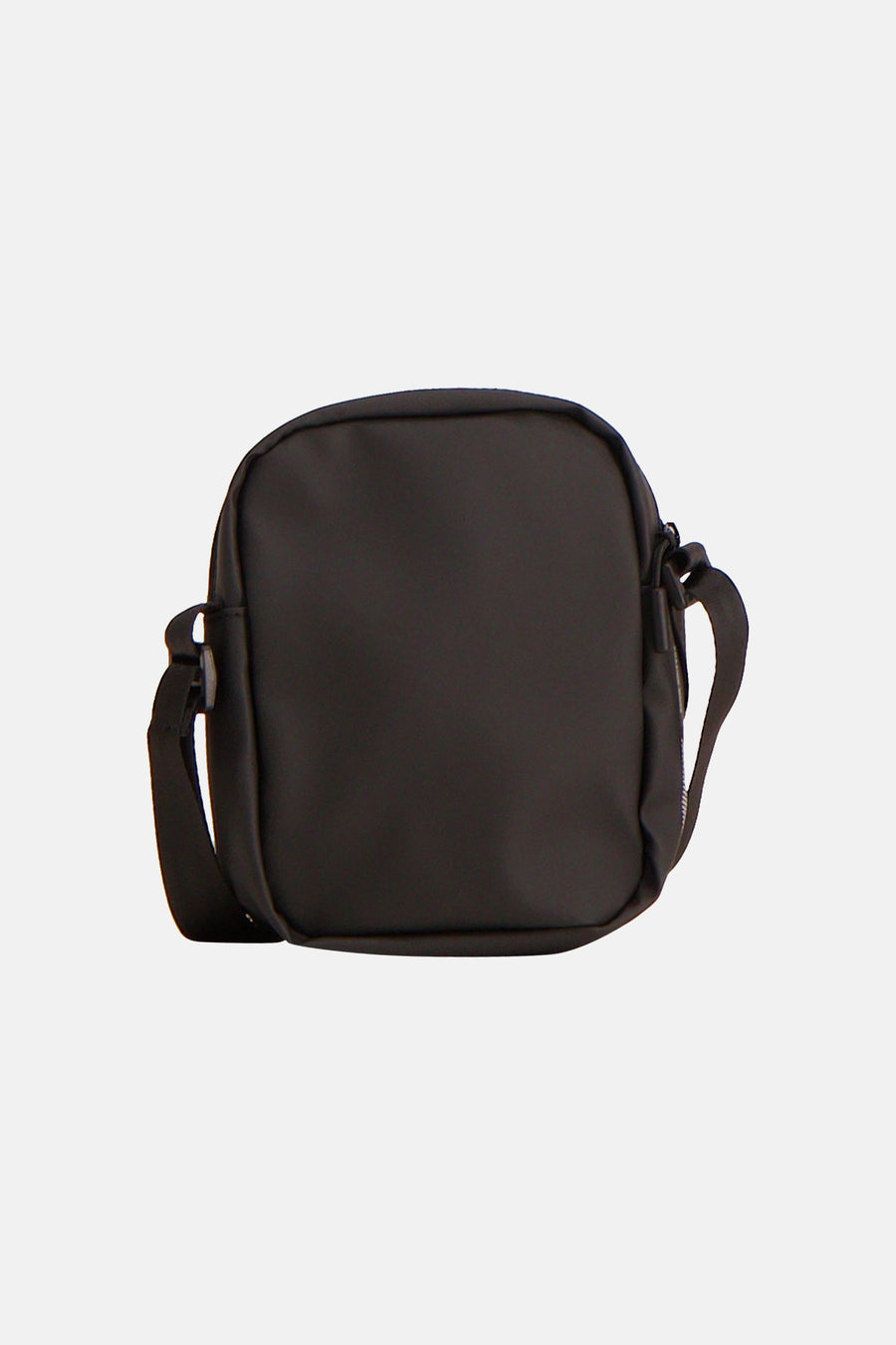 Black crossbody bag with adjustable strap and front zipper closure, shown in front view on white background