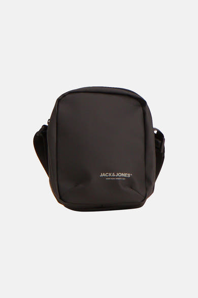 Black crossbody bag by Jack & Jones with front logo, smooth fabric, and adjustable strap, front view