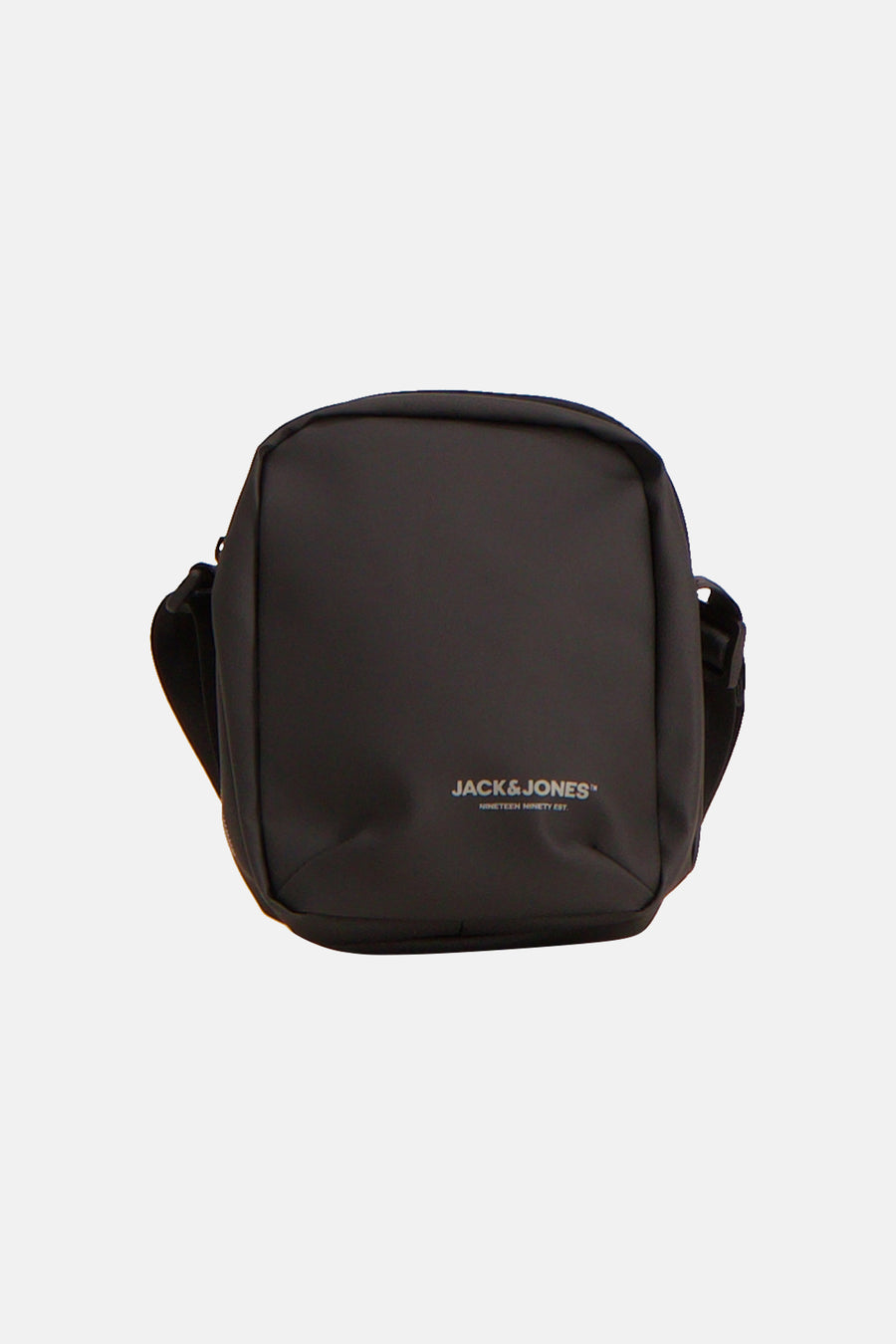 Black crossbody bag by Jack & Jones with front logo, smooth fabric, and adjustable strap, front view