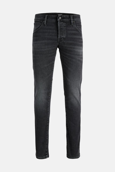 Black slim-fit denim jeans by Jack & Jones, front view with faded wash and classic five-pocket styling