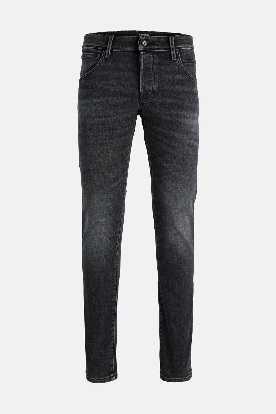 Black slim-fit denim jeans by Jack & Jones, front view with faded wash and classic five-pocket styling