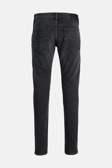 Black slim-fit denim jeans by Glenn, back view with classic stitching and clean finish