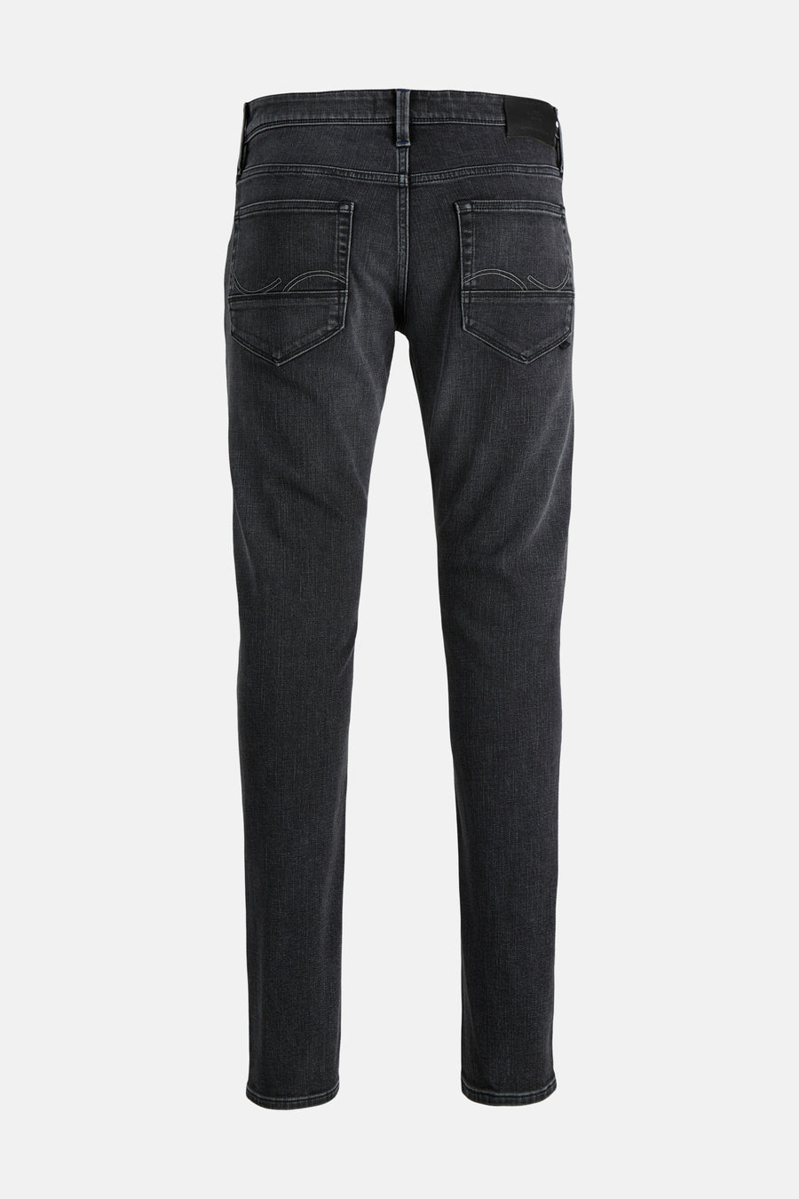 Black slim-fit denim jeans by Glenn, back view with classic stitching and clean finish