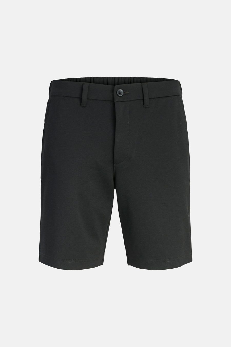 Chino noir par PREMIUM by JACK & JONES, coupe courte avec ceinture élastique visible et bouton.
