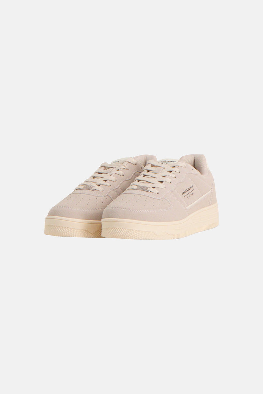 Beige suede sneakers by Jack & Jones with white laces, side logo, and textured rubber sole, front view