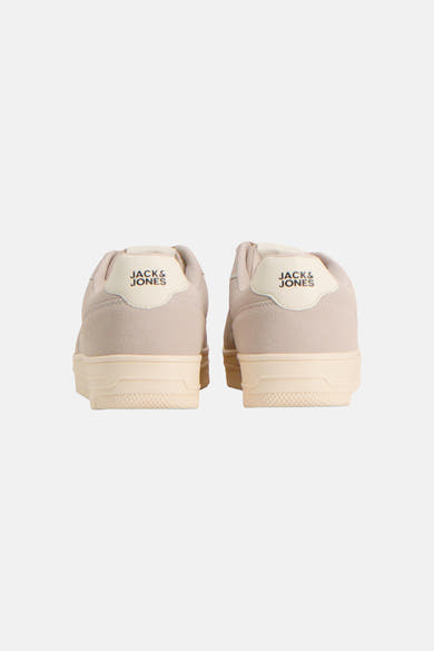 Beige suede sneakers by Jack & Jones, back view with cream rubber sole and branded heel tab