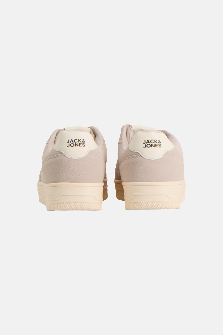 Beige suede sneakers by Jack & Jones, back view with cream rubber sole and branded heel tab