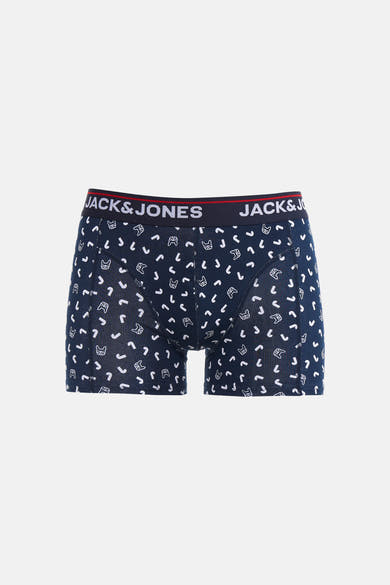 Blauwe boxer van ACCESSORIES BY JACK & JONES, versierd met witte motieven in de vorm van buldoggenkoppen en komma's.