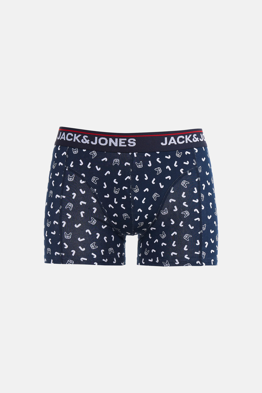 Blauwe boxer van ACCESSORIES BY JACK & JONES, versierd met witte motieven in de vorm van buldoggenkoppen en komma's.