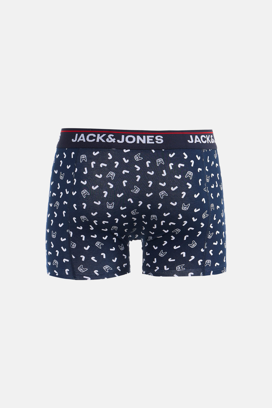 Boxer bleu d'ACCESSORIES BY JACK & JONES, orné de motifs blancs en forme de têtes de bouledogue et de virgules.