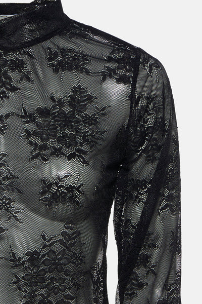 Zwart T-shirt met lange mouwen van Terra di Siena, in doorschijnend bloemenkant.