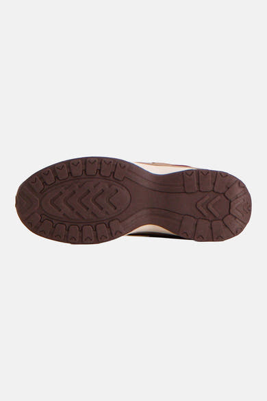 Red basket shoe sole with dark brown rubber tread pattern, textured grip design, bottom view