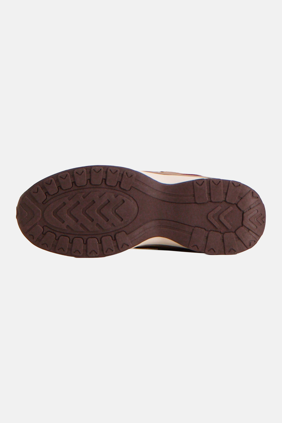 Red basket shoe sole with dark brown rubber tread pattern, textured grip design, bottom view