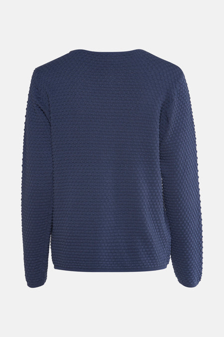 Ronde hals trui blauw van FREEQUENT, bubbeltextuur over het hele oppervlak, achterkant.