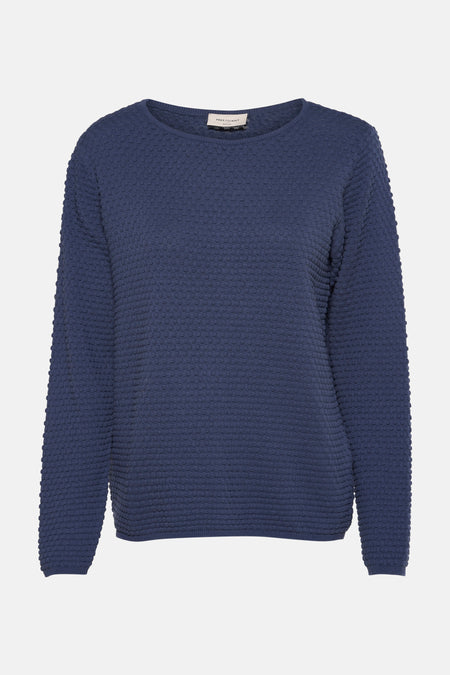Ronde hals trui blauw van FREEQUENT met een reliëftextuur.
