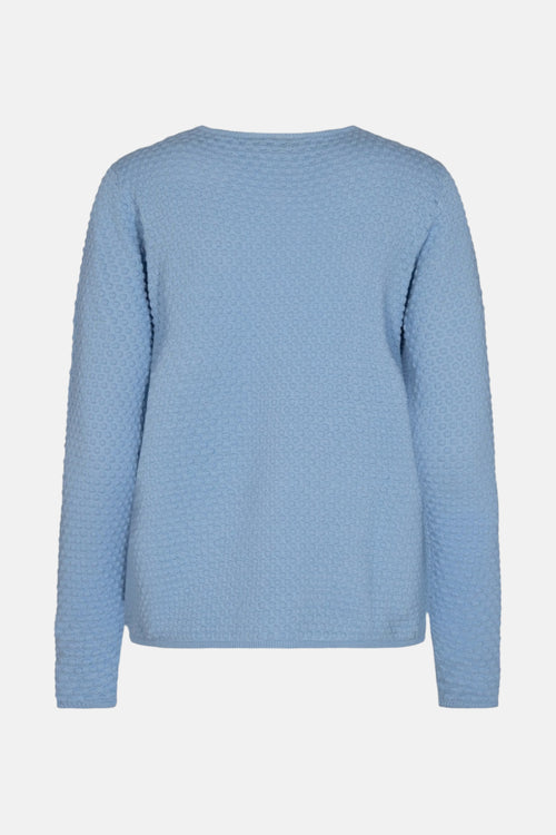 Pull à col rond bleu de FREEQUENT avec une texture à motifs circulaires.