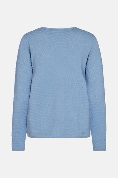 Pull à col rond bleu de FREEQUENT avec une texture à motifs circulaires.