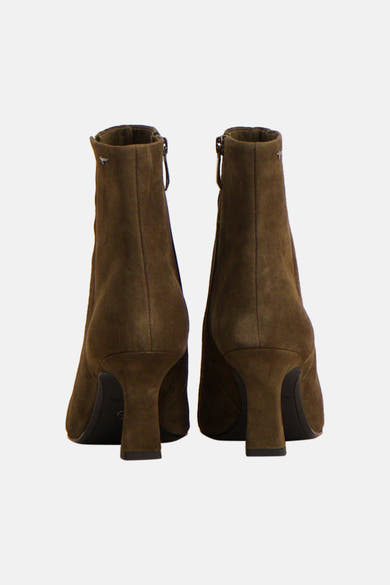 Olive green suede ankle boots with back zipper and block heel, rear view