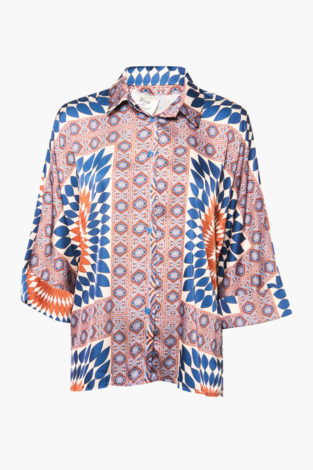 Multicolor long-sleeve blouse with geometric and floral patterns by Terra di Seta, featuring blue, orange, and cream tones in a relaxed fit, front view
