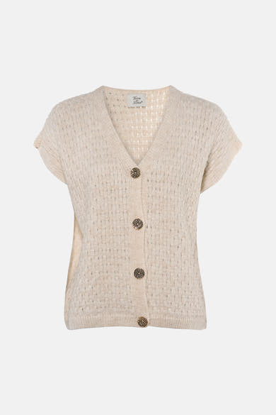 Gilet écru en tricot texturé à col en V, par Terra di Siena, boutons dorés ornés, vue de face