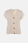 Gilet écru en tricot texturé à col en V, par Terra di Siena, boutons dorés ornés, vue de face