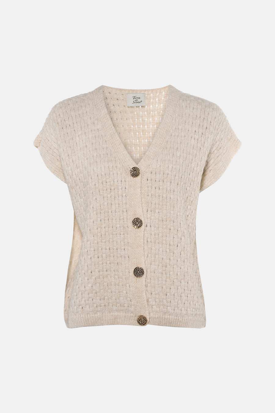 Gilet écru en tricot texturé à col en V, par Terra di Siena, boutons dorés ornés, vue de face
