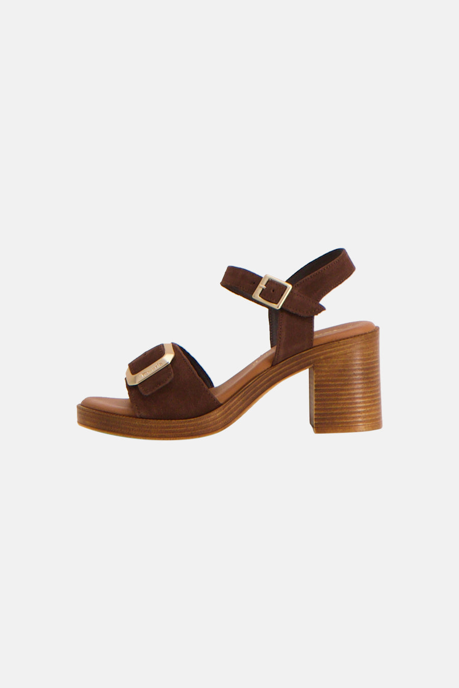Sandales brunes de TAMARIS en suède à talon bloc et plateforme effet bois, avec boucles dorées, vue de côté.