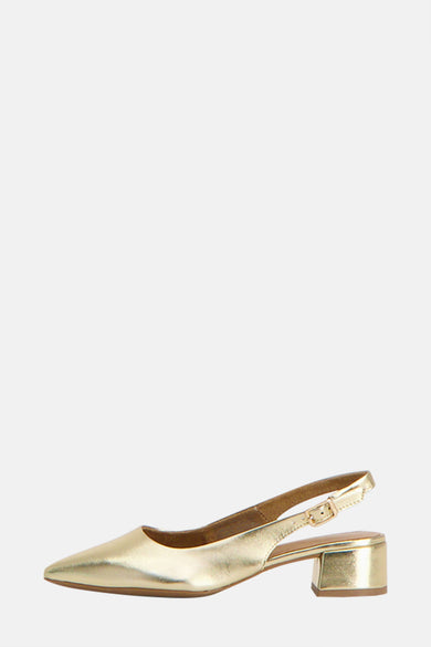 Sandales dorées de TAMARIS avec bride de cheville et petit talon carré.