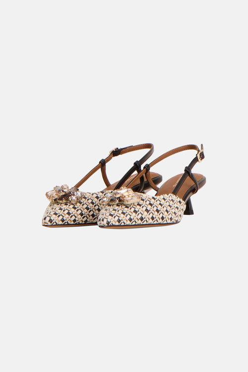 Multikleuren pumps van TAMARIS, met hielbandjes, glinsterende versieringen en zwarte hakken.