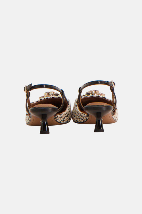 Escarpins multicolores de TAMARIS, avec brides arrière, ornements brillants et talons noirs.