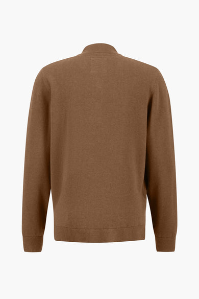 Cognac-colored turtleneck sweater with ribbed cuffs and hem, back view, knit texture visible