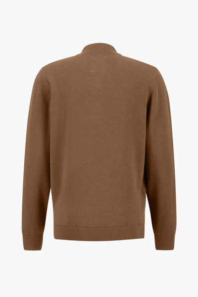 Cognac-colored turtleneck sweater with ribbed cuffs and hem, back view, knit texture visible
