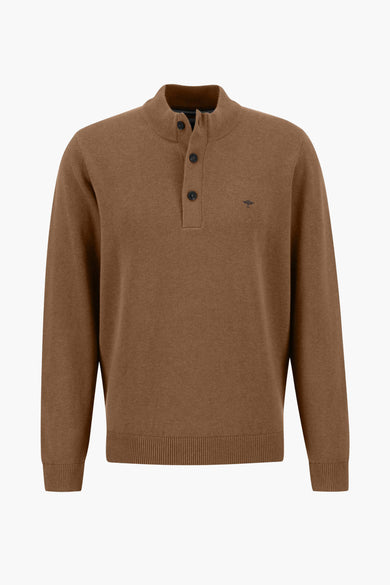 Cognac-colored stand-up collar sweater with ribbed cuffs and hem, featuring three dark buttons and small embroidered logo on chest, front view