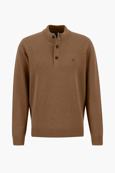 Cognac-colored stand-up collar sweater with ribbed cuffs and hem, featuring three dark buttons and small embroidered logo on chest, front view
