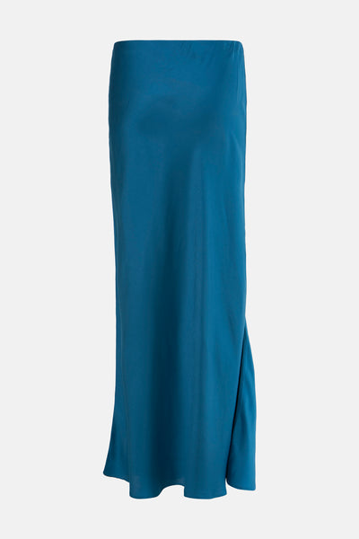 Jupe longue bleu chiné de GOA GOA, coupe droite fluide avec ourlet asymétrique.