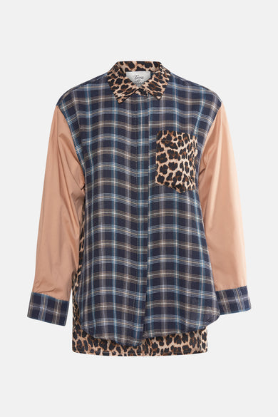 Multikleurige blouse met lange mouwen van Terra di Siena, geruit en met luipaardprint, met contrasterende mouwen.