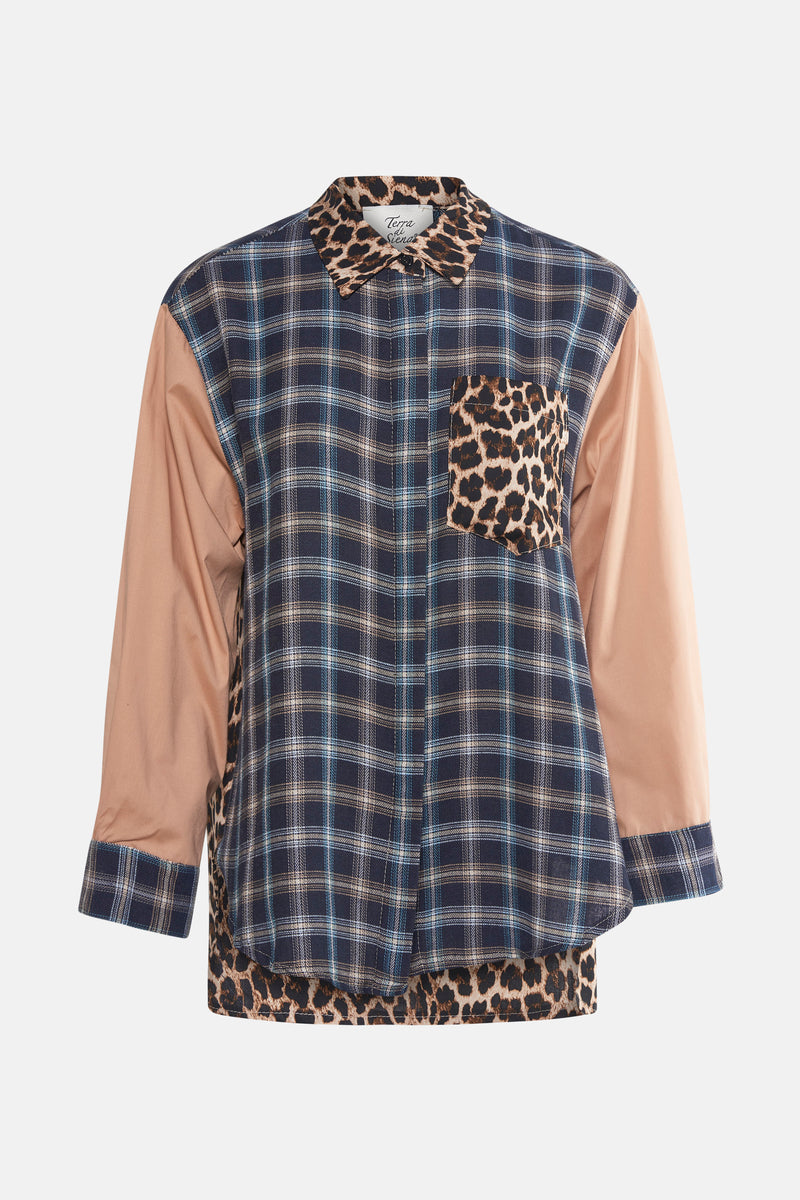 Multikleurige blouse met lange mouwen van Terra di Siena, geruit en met luipaardprint, met contrasterende mouwen.
