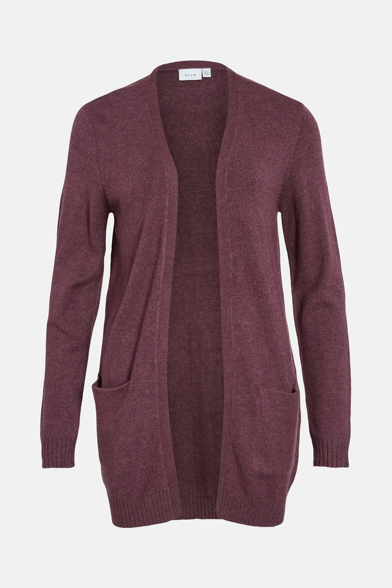 Cardigan violet de VILA, coupe droite avec poches plaquées sur fond uni.
