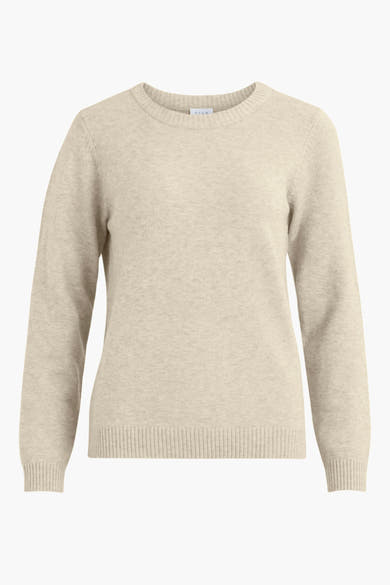 Pull beige de VILA, en maille fine, avec un col rond classique.