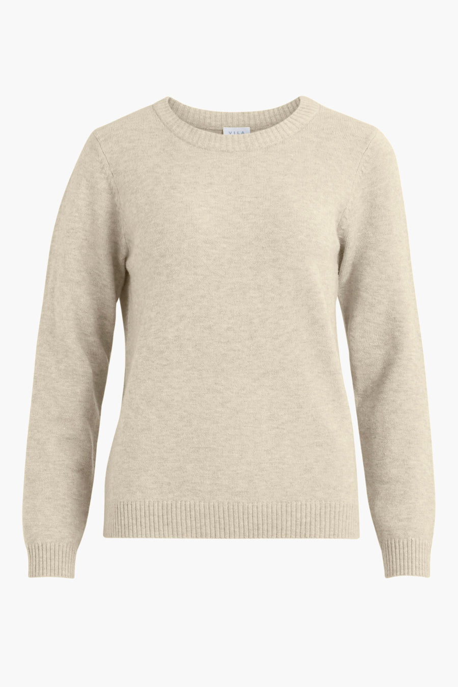 Pull beige de VILA, en maille fine, avec un col rond classique.