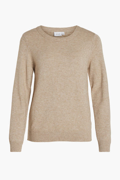 Pull beige en maille par VILA, à col rond et manches longues, finement côtelé au niveau de l'ourlet.