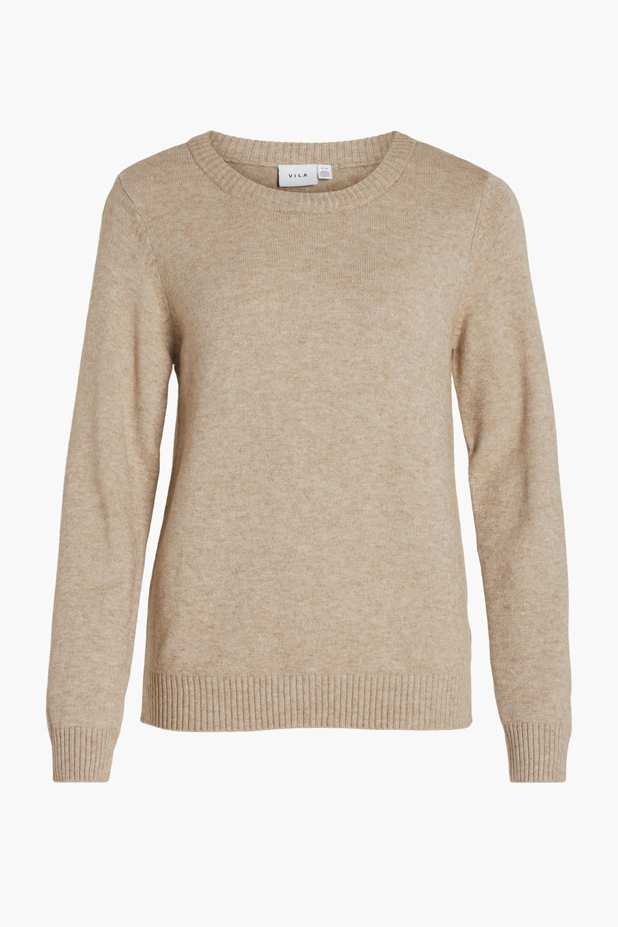Pull beige en maille par VILA, à col rond et manches longues, finement côtelé au niveau de l'ourlet.