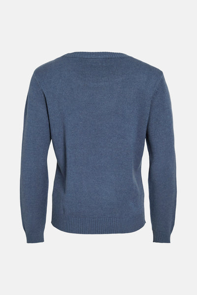 Pull à col rond bleu de VILA, en maille texturée, présenté de dos sur fond clair.