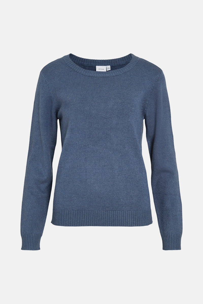Pull bleu à col rond de VILA, en maille fine et côtelée.
