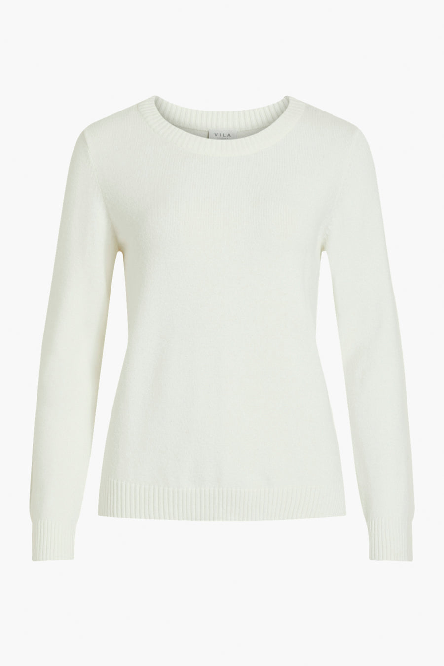 Pull blanc en maille de VILA, coupe classique à manches longues et col rond.