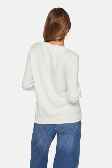 Pull col rond blanc de VILA®, manches longues, porté avec un jean bleu, vue de dos.
